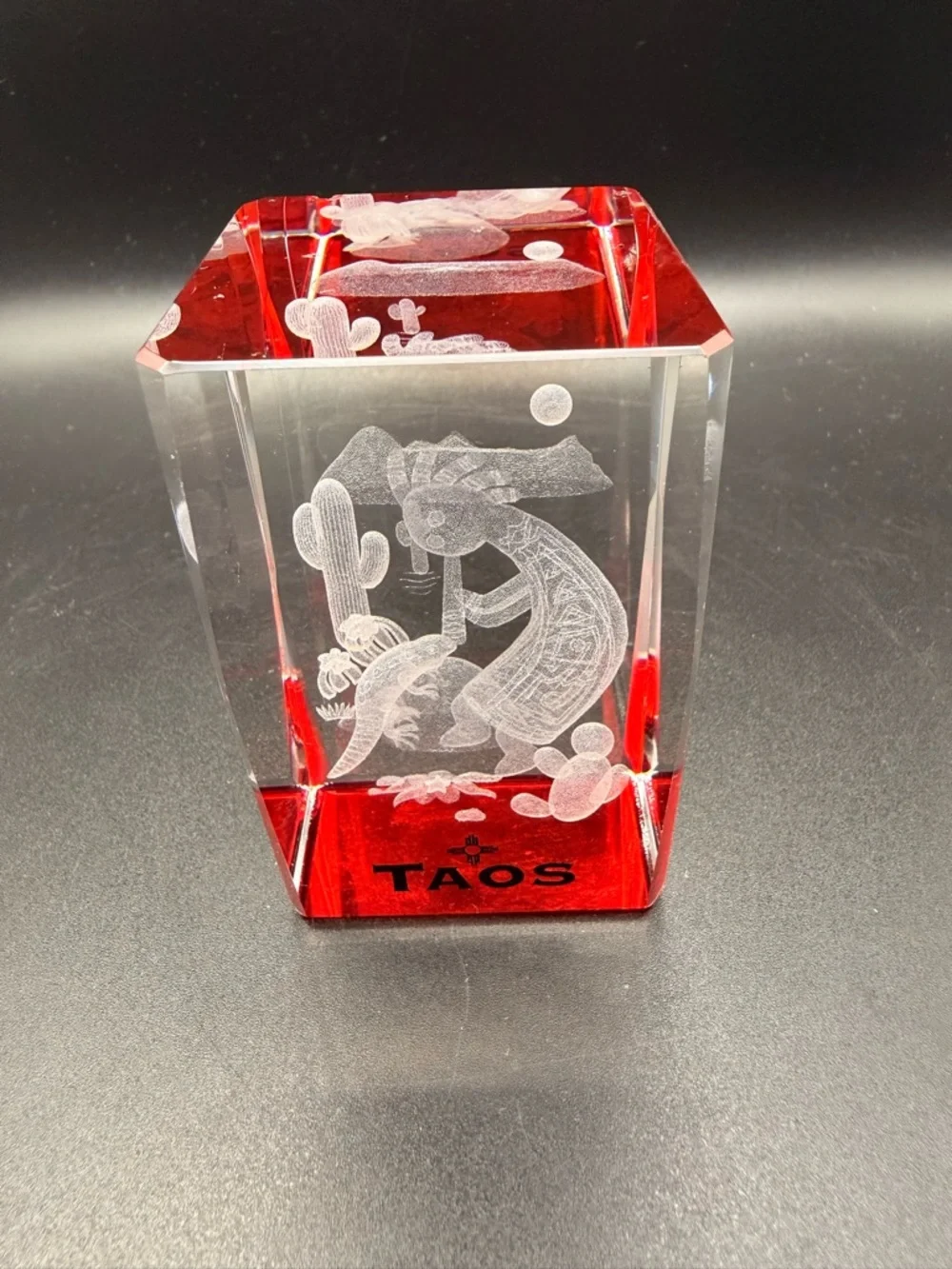 Taos Red and Clear Etched Kokopelli Glass Accent Paperweight 3D